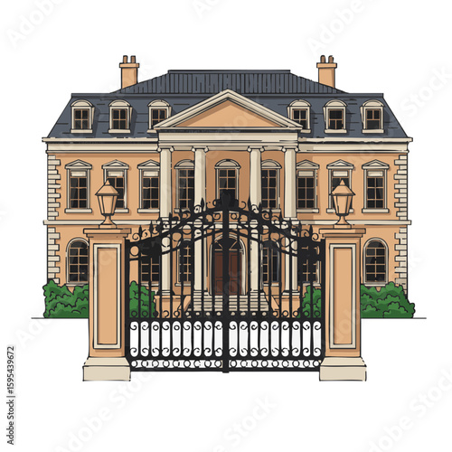 Vector illustration of mansion with gate front view on white background, real estate design