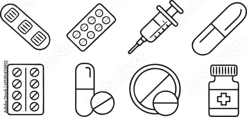 Isolated black medicine vector icons, drug and pharmacy icons, pill, capsule, tablet, syringe, bottle, dosage, prescription symbols in black line