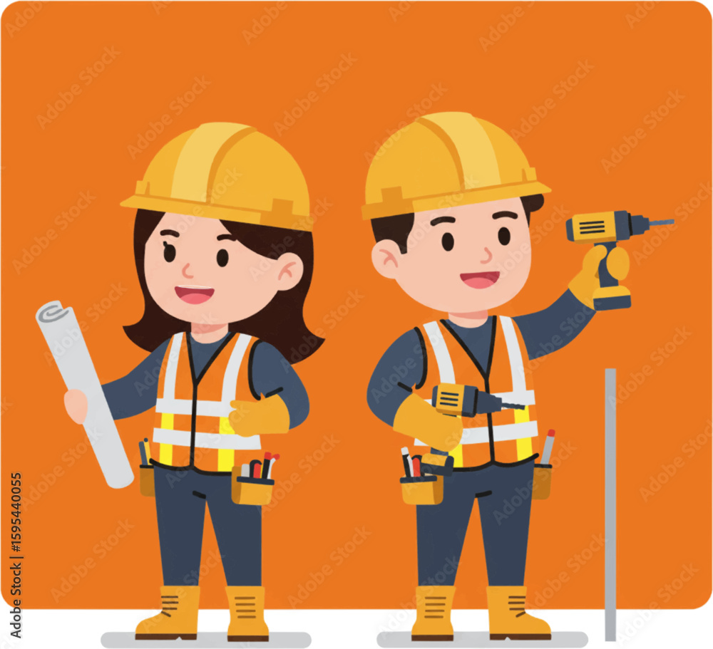 Happy male and female construction workers in safety gear holding blueprints and drill, orange background Happy male and female construction workers in safety gear holding blueprints and drill, orange background