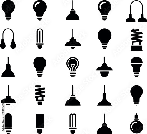 Collection of black light bulb and lamp silhouette icons on white background lighting