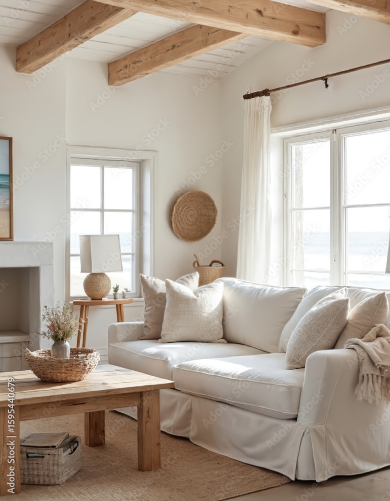 Fototapeta premium Whitewashed room with coastal decor features exposed wooden beams. Neutral tones, beige sofa, natural materials. Cozy living space with ocean view, rustic style, minimalist design, simple clean lines.