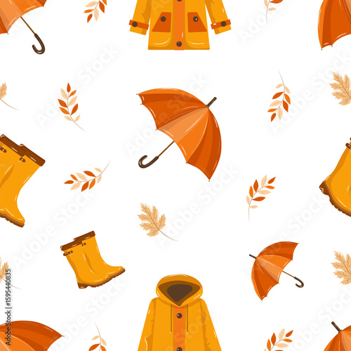 Seamless vector pattern with raincoat, yellow rubber boots, autumn leaves, and orange umbrella on a white background. Perfect for seasonal designs, textiles, wrapping paper, and kids' products.