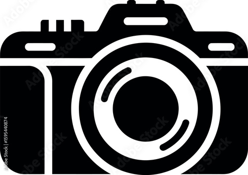 Black and white graphic icon of a camera with a lens photography