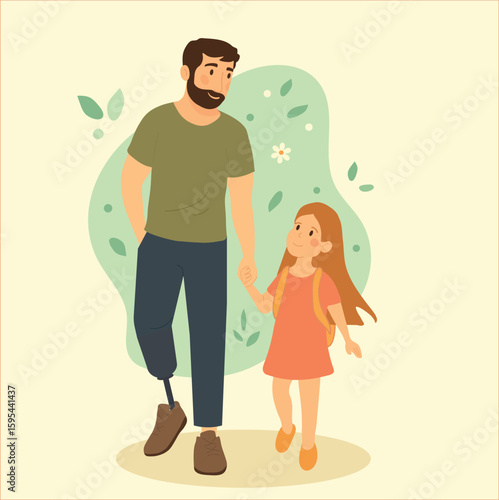 Veteran Father with Prosthetic Leg Walking with Daughter