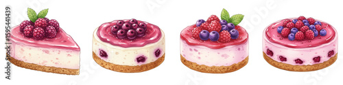 Set of isolated keto cheesecakes with berries on white background  