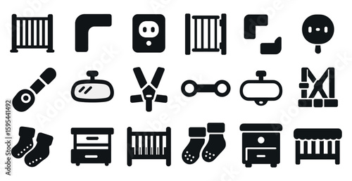 Collection of black and white icons for various items such as a bed, a crib, a dresser, and a nightstand