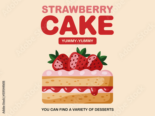 Delicious Strawberry Cake Vector Illustration Featuring Fresh Strawberries and Creamy Layers Perfect for Food Bloggers and Dessert Enthusiasts