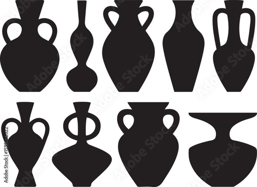 Set of black silhouette ancient Greek pottery and ceramic vases vector icons
