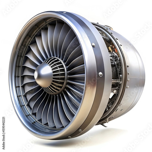 A jet engine isolated on a white background, showcasing