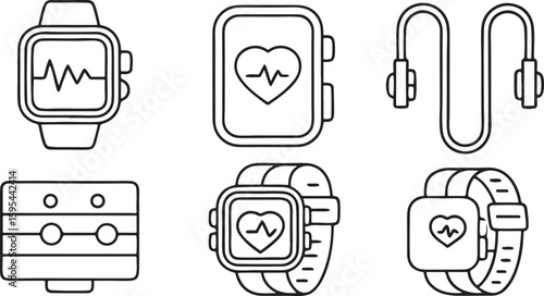 Isolated wearable health vector icons, smart devices for fitness and wellness, smartwatch, tracker, heart rate sensor, sleep monitor, health app
