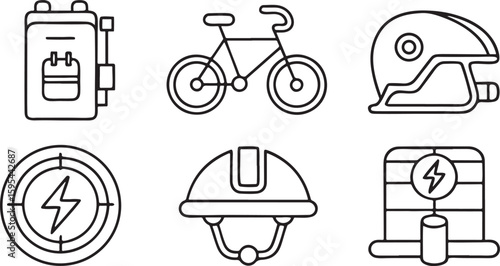 Isolated electric bicycle vector icons, green transport and eco mobility tools, e bike, battery pack, helmet, charger, route map, city bike lane