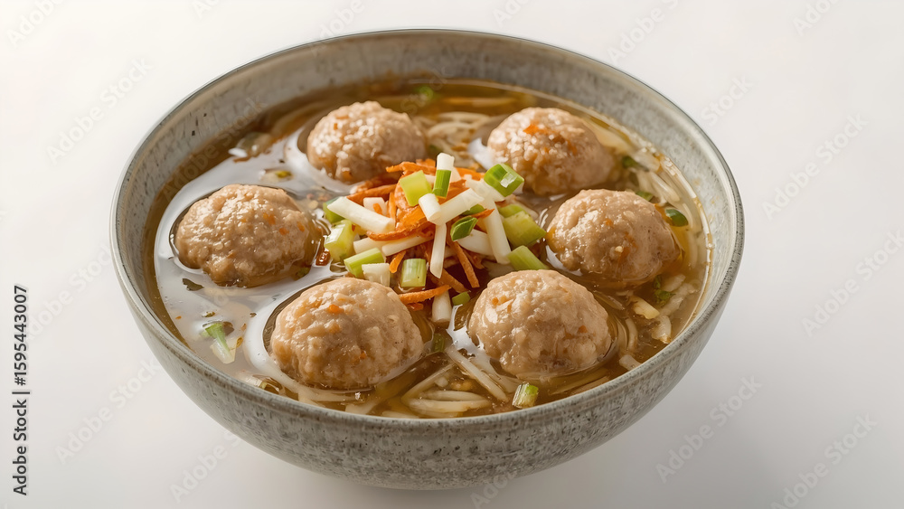 Delicious Indonesia Meat Ball Noodle Soup with Herbs and Chili on White Background Delicious Indonesia Meat Ball Noodle Soup with Herbs and Chili on White Background