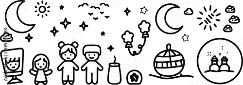 Vector art of a whimsical collection of handdrawn doodles featuring celestial bodies, people, and nature elements isolated on transparent background.