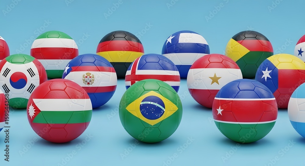 Naklejka premium Ai generated image of a collection of soccer balls decorated with various national flags on a blue background