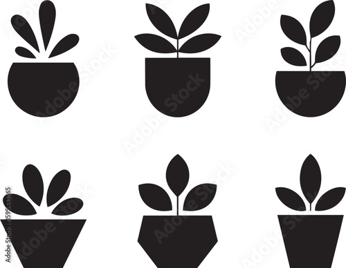 Set of black silhouette potted plants and houseplants vector icons
