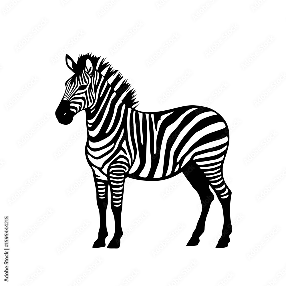 Fototapeta premium Zebra vector illustration of a wild, striped mammal standing in profile, isolated on white