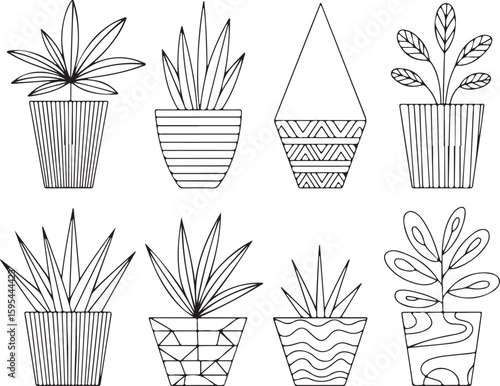 Line art drawing set of potted plants and houseplants with decorative pots
