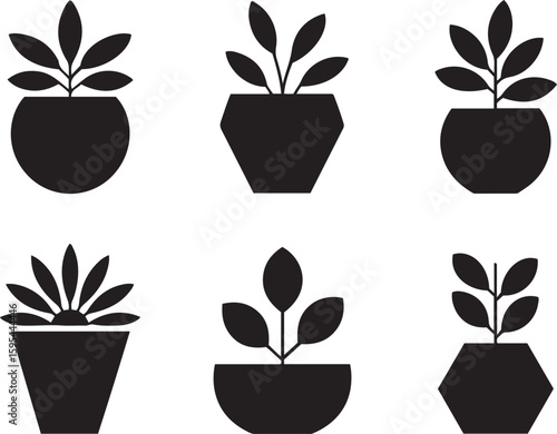 Set of black silhouette potted plants and houseplants vector icons
