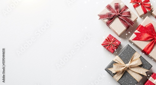 Wallpaper Mural Gift boxes with colorful ribbons and bows arranged on white background creating festive frame. Wrapped presents with red gold decorations. Holiday celebration concept for retail store Torontodigital.ca