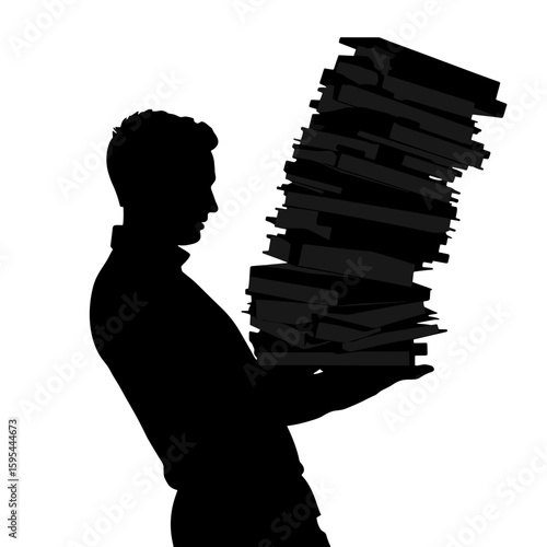Man struggling to carry a stack of books, concept of burnout  