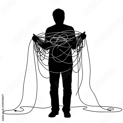 Silhouette of a man tangled in ropes of tasks representing burnout  