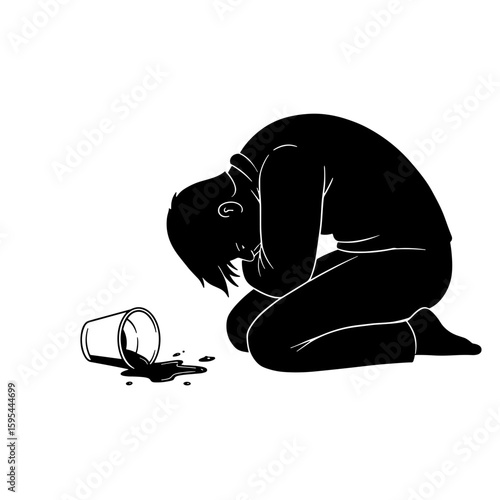 Silhouette of a person sitting on the floor with spilled drink, concept of burnout  