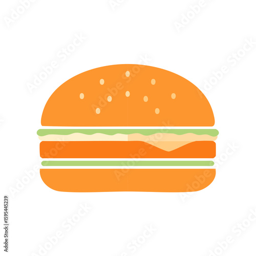 Iconic Flat Design Burger Stacked with Fresh Ingredients Ready to Eat, Simple Graphic Illustration