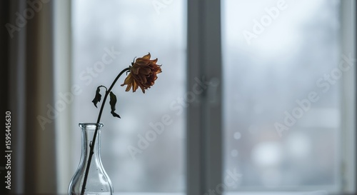 Dried sunflower with wilted petals in glass vase on windowsill with blurred background. Withered flower creating melancholic autumn atmosphere. Seasonal change concept for home decoration