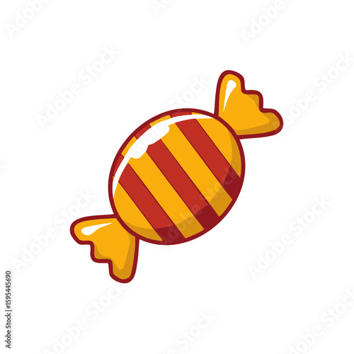 Single wrapped candy illustration with red stripes and golden wrapper, confectionery sweet treat for Halloween