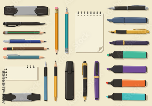 Various writing tools and stationery items arranged on a light beige surface.