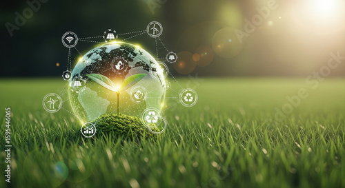 Sustainable Technology: A Sprout Growing Within a Globe with Renewable Energy Icons, Illustrating Eco-Friendly Tech and Green Innovation