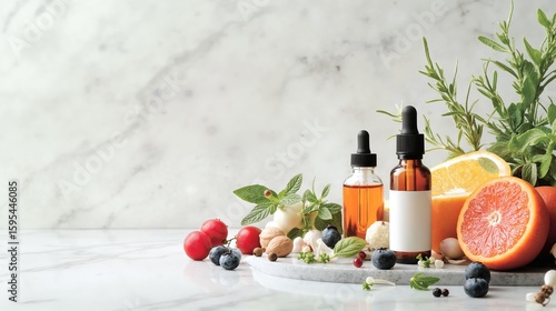 Fototapeta Naklejka Na Ścianę i Meble -  Essential oil bottles with dropper and fresh herbs berries citrus fruits on marble surface. Natural aromatherapy products with organic ingredients creating wellness arrangement. Health beauty concept
