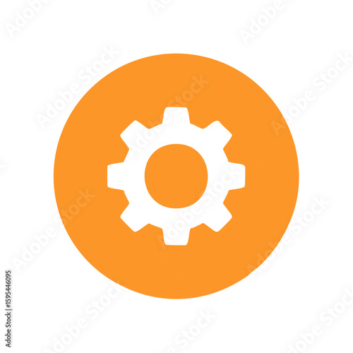 White gear icon illustration on orange round background, representing settings, adjustments and preferences