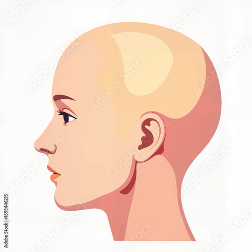Profile view of bald woman with light skin tone and calm expression  