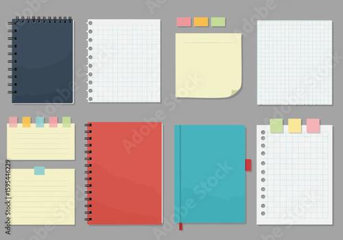 Various notebooks and paper sheets with sticky notes are arranged on a gray background.