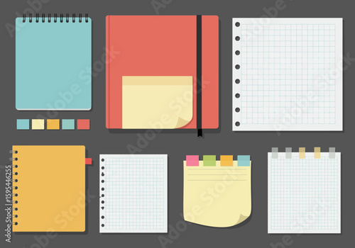 Collection of vector illustrations showing various notebooks, notepads, and graph paper sheets with different colors and designs.