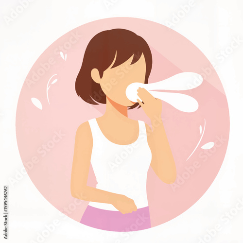 Young woman blowing steam from a cup in a pink circular design  