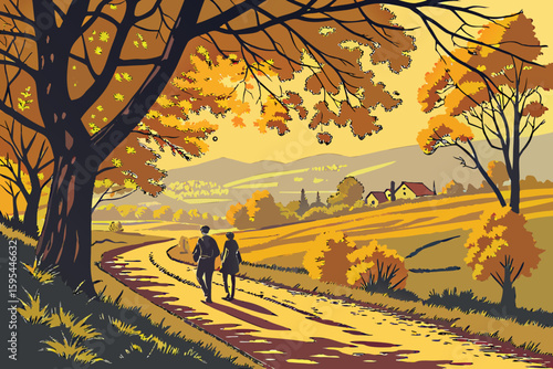 45 highly detailed, hyperrealistic, scenic autumn landscape, rural road winding through golden and orange autumn foliage, small town in the distance, two people walking along the road, dramatic lighti
