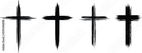 Abstract black brushstroke crosses, expressive texture, religious symbolism, modern minimalism, spiritual art, bold graphic, vector design, contemporary aesthetic, impactful