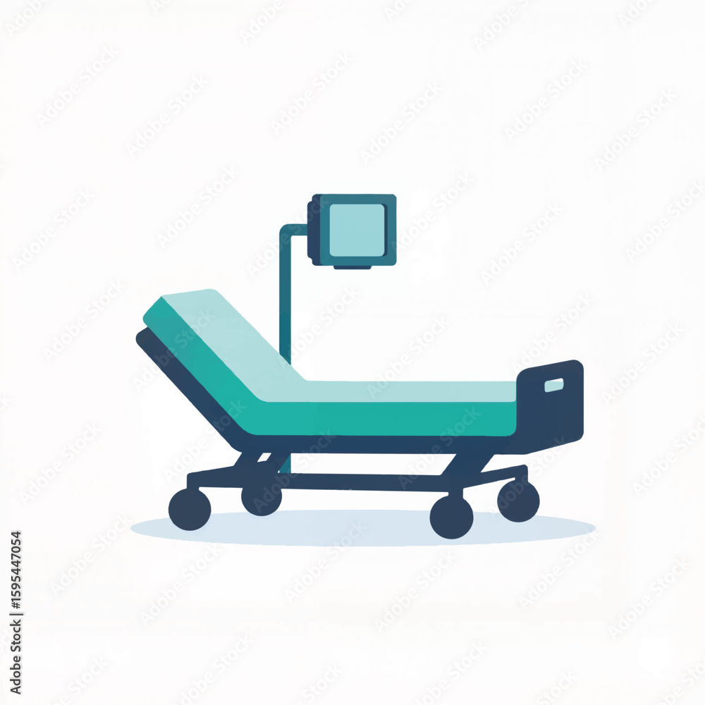 Hospital bed with monitor in minimalist design and teal colors Hospital bed with monitor in minimalist design and teal colors