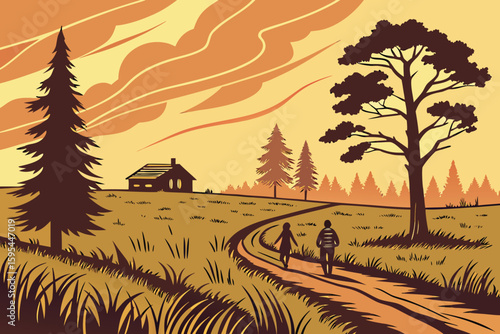  a dirt road leading through a field with tall grass, pine trees on either side, a cabin or house in the distance, dramatic sunset sky with warm orange and yellow colors, silhouettes of people walki