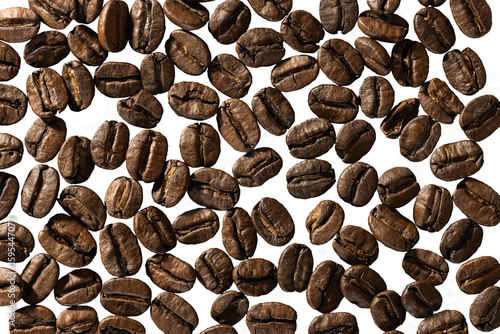 Grains de café bruns vus de dessus, serrés et sans fond, format PNG
