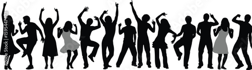 Dancing people silhouette group, energetic motion, celebration mood, party excitement, joyful movement, diverse dancers, black and white vector illustration