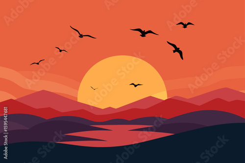 A Flock of Birds Flying Over Sunset Bay