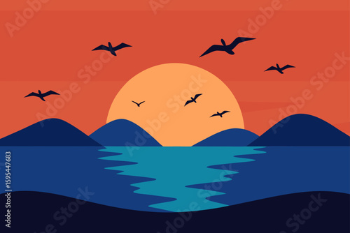 A Flock of Birds Flying Over Sunset Bay