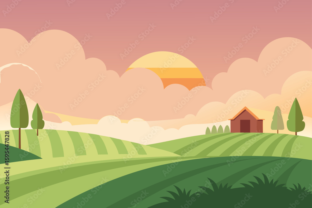 Fototapeta premium A Peaceful Farmland Scene at Dawn with Mist Hovering