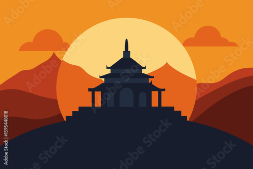 A serene hilltop temple under a setting sun