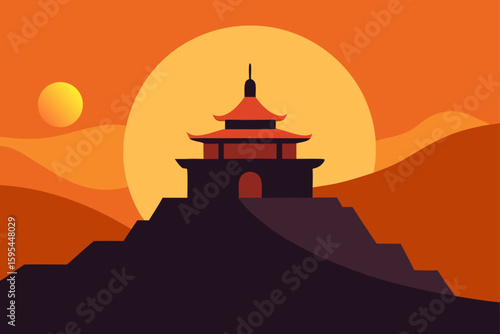 A serene hilltop temple under a setting sun