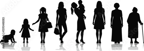 Female life stages silhouette, baby to elderly woman, generational growth, aging timeline, motherhood, human development, family journey, vector illustration