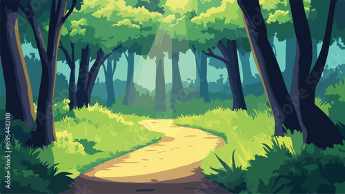 Sunlit Forest Path in Green Landscape with Trees - Nature Scene